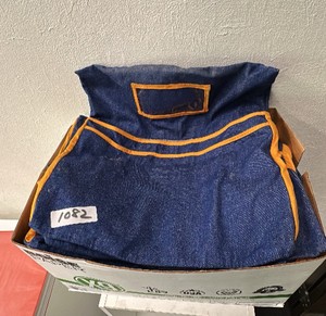 Lot of 25 chair back covers, denim, and orange with name slot, and pockets