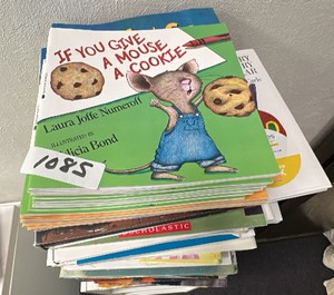 Lot of books that includes 11 copies of If you give a mouse a cookie, and 7 copies of Chicks and salsa