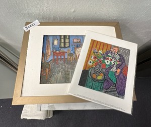 2 reprint pics. Vincent van Gogh, Dutch Post, impressionist, 1889. Bedroom in Arles. And Henry Matisse, purple robe and anemones, 1937