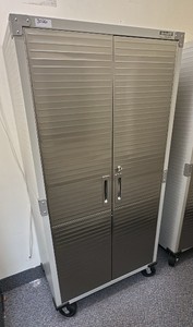 Gray metal cabinet on heavy duty wheels with lock and key. UltraHD Seville Classics