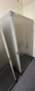 Gray metal cabinet on heavy duty wheels with lock and key. Ultra HD Seville Classics.