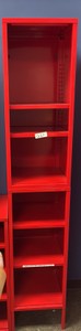 Red metal shelves stacked