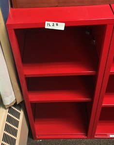Red metal filing cabinet