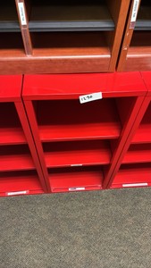 Red metal filing cabinet