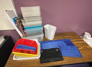 Lot of plastic containers, covers, wire bin, hanging organizers.