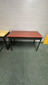 Metal and wood table, dark, gray, and cherry wood