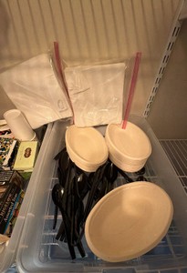 plates, tongs, spoons sandwich bags with the 2 totes