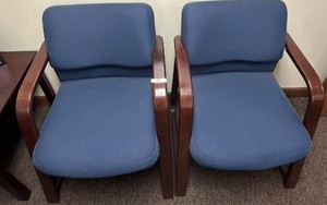 Pair of Blue Upholstered Waiting Room Chairs with Wood Arms