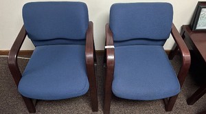 Pair of Blue Upholstered Waiting Room Chairs with Wood Arms