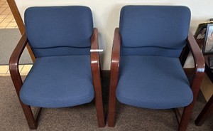 Pair of Blue Upholstered Waiting Room Chairs with Wood Frame