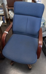Blue Upholstered Swivel Office Chair with Wood Arms & Rolling Base