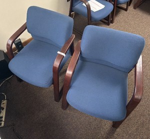 Pair of Blue Upholstered Waiting Room Chairs with Wood Frame