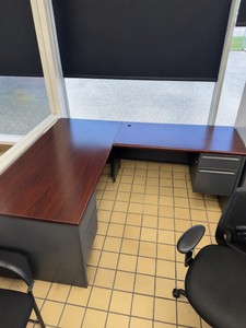 L-Shaped Executive Office Desk with Dual File Pedestals  Cherry Finish