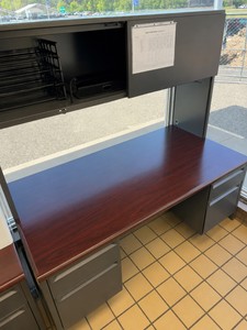 Commercial Office Workstation with Overhead Storage  Cherry Finish