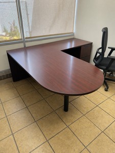 L-Shaped Executive Office Desk with File Pedestal  Mahogany Finish