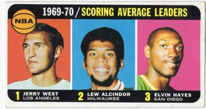 1970 Topps #2 NBA Scoring Average Leaders Featuring Jerry West, Lew Alcindor, and Elvin Hayes