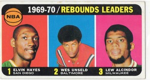 1970-71 Topps #5 Rebounds Leaders Card, Featuring Lew Alcindor, Elvin Hayes, and Wes Unseld