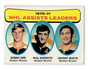 1971-72 Topps NHL #2 Assists Leaders Card, Featuring Legends Bobby Orr, Phil Esposito, and Johnny Bucyk