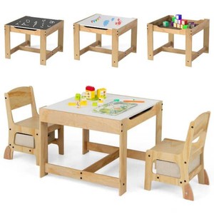 Gymax 3-Piece 3-in-1 Kids Table and Chairs Set wReversible WhiteboardChalkboard Top Hidden Storage Natural