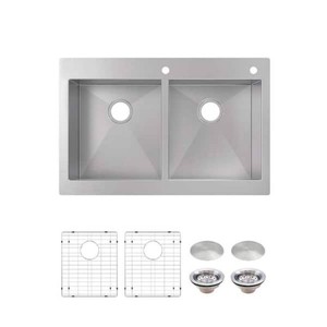 Glacier Bay Professional Zero Radius 33 in. Drop-In 5050 Double Bowl 16 Gauge Stainless Steel Kitchen Sink with Accessories