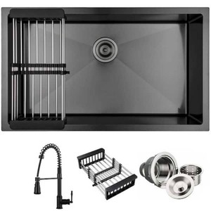 AKDY All-in-One Matte Black Finished Stainless Steel 32 in. x 19 in. Undermount Single Bowl Kitchen Sink with Faucet