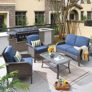 Toject Denali Gray 4-Piece 4-Seat Wicker Modern Outdoor Patio Conversation Sofa Seating Set with Denim Blue Cushions
