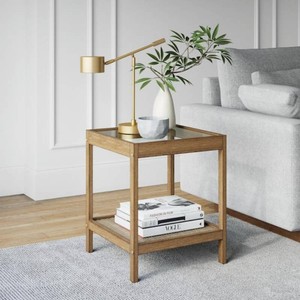 Nathan James Hayes Light Brown Solid Wood Glass Top with Open Storage Shelf Nightstand, Bedside, End or Side Table