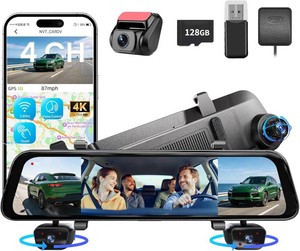 $200 2026 4K Mirror Dash Cam 4 Channel, 12 Touch Screen Rear View Mirror Camera for Cars,4K Dashcam Front Rear Inside, IR Night Vision,WiFi,APP,GPS, Voice Control,Free 128GB SD MSRP $199.99