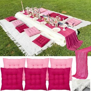 $60 Extra Large Outdoor Picnic Blanket with Table Runner and Floor Pillow Cushion for Picnic Wedding Birthday Baby Shower Backyard Decor(91 x 71,Rose Red,8 Pcs)
