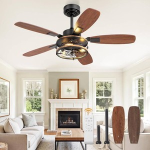 $100 Fanbulous Farmhouse Ceiling Fan with Light and Remote, Industrial Caged Flush Mount Ceiling Fans with 6 Speed Reversible Motor and Dual Finish 5 Blades, for Living room, Bedroom (Black, 42 Inch)