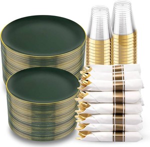 $55 KIRE 350PCS Green Plates Disposable - Heavy Duty Green and Gold Plates - 50Guest Include Green Plastic Dinnerware - Pro Rolled Napkins with Gold Silverware and Cups for 2026 FIFA World Cup&Party