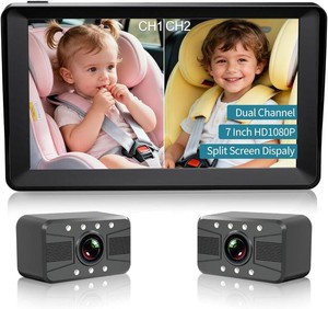 $43 Dual Baby Car Camera, 7 1080P Split Screen Baby Car Monitor with Night Vision, Rear Facing Car Seat Camera for 2 Kids Newborn Toddlers Travel Safety