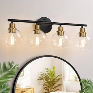 $65 Indoi 4-Light Bathroom Light Fixtures, Black and Gold Bathroom Lights Over Mirror with Clear Glass Globe Shade, Vanity Lights for Bathroom Kitchen Living Room Hallway Cabinet Bedroom Porch
