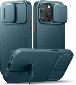 $34 SURITCH for iPhone 15 Pro Case with Magnetic Camera Slide Cover and Adjustable Kickstand, Compatible with MagSafe, Shockproof Bumper Case Slim Protective Cover 6.1 Inch, Lake Green