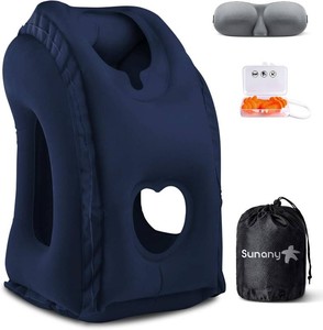$24 Sunany Travel Pillow, Inflatable Neck Pillow Used for AirplanesCarsBusesTrainsOffice Napping with Eye MaskEarplugs (Blue)