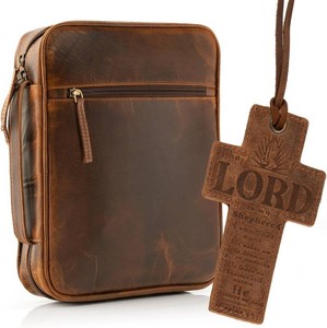 $50 ELIZO Leather Bible Cover for Men Bible Case Women Holder Carrying Organizer Wrap Sleeve Protector Christian Religious Gift Cross Bookmark   Large Antique Brown