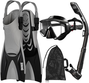 $34 Aegend Snorkeling Gear for Adults Men Women Anti-Fog Panoramic Mask Set, Adjustable Fins & Dry Top Snorkel   All-in-One Travel Snorkel Set for Swimming, Diving & Snorkeling