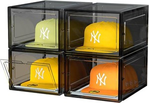 $30 SCAVATA Hat Organizer Box, Stackable Clear Baseball Caps Holder Box Containers with Magnetic Door for Hats Snapback Cap Storag, Hat Rack Display Case, Holds 8 Hats Each (Black, 4 Pack)