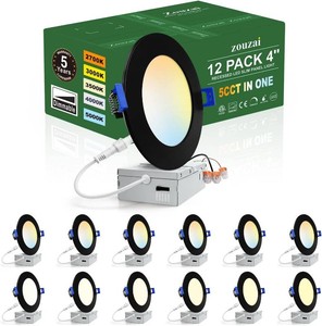 $62 zouzai 12 Pack 4 Inch Black 5CCT Reset Ultra-Thin LED Recessed Ceiling Light with Junction Box, 2700K3000K3500K4000K5000K Selectable, 9W Dimmable, led can Lights - ETL and Energy Star Certified