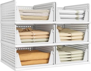 $40 Pinkpum 6 Pack Closet Organizers Storage Bins, Stackable Plastic Drawer Basket for Clothing, Stackable Storage Bins Shelf Storage Container for Closet Wardrobe Bedroom Bathroom Office White