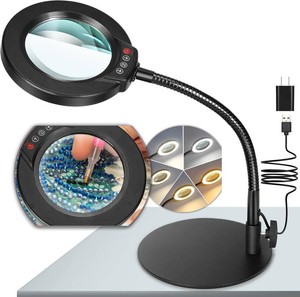 $30 10X Magnifying Glass with Light and Stand, 5 Color Modes Stepless Dimmable LED Lighted Desk Lamp, Hands Free Magnifier with Flexible Goose-Neck for Craft Hobby Painting Sewing Close Work (missing bolt)
