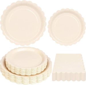 $22 150Pcs Ivory Paper Plates and Napkins Party Supplies Beige Scalloped Party Plates Cream Disposable Plates Napkins for Wedding,Baby Shower, Birthday,Serves 50