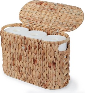 $34 YANGQIHOME Toilet Paper Storage, Water Hyacinth Toilet Paper Storage with Lid, Papers Container for up to 6 Mega Rolls, Bathroom Basket Organizer