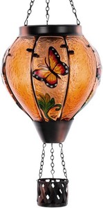 $28 Starsoul Butterfly Hot Air Balloon Solar Lantern with Flickering Flame Light Glass Solar Powered Hot Air Balloon Lamp Waterproof Hanging Outdoor Solar Lantern for Yard Porch Backyard Decor