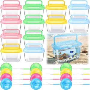 $30 24 Pcs Plastic Fish Bowls with Ventilated Lids and Fishing Nets Bulk Set Include 12 Fish Bowl with Handle and 12 Fishing Nets for Collecting Fishes Crabs Sea Creatures for Summer Beach Party Favors