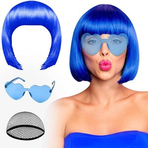 $12 PLULON Blue Bob Wig and Sunglass Set, Neon Short Bob Wig Sunglass Pack Costume Colorful Cosplay Hairpieces for Bachelorette Neon Party Favors, Halloween Decorations