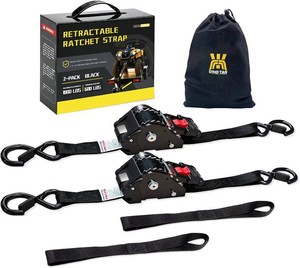 $41 Retractable Ratchet Straps (2-Pack) - 1 x 11.5 (1,800lb Break Strength) - Heavy Duty Auto Self Retracting Tie Down Straps for Truck, Cargo Trailer, Motorcycle, Rad & More - Black