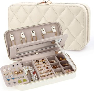 $20 Travel Jewelry Case with Mirror, Quilted Small Jewelry Box Organizer for Women Girls, Portable Earring Necklace Bracelet Ring Holder Storage for Travel Weekend Trips (Beige)