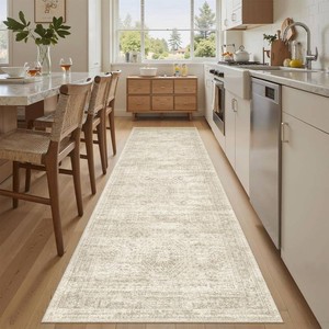 $30 Soalmost Washable Runner Rug, 26 x 8 Non-Slip Kitchen Vintage Foldable Hallway Runners for Entryway, Laundry, Bedroom, Beige