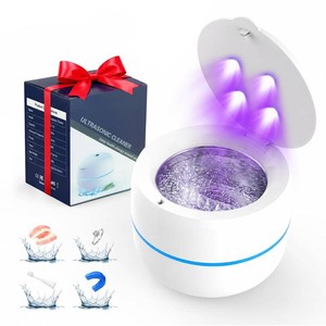 $32 Voraiya Ultrasonic Retainer Cleaner Machine 4 U-V Lights 45kHz Dental Cleaning Pod 2 Modes 200ml, Dentist-Designed Ultrasonic Dental Retainer Cleaner for Aligners Dentures Night Guards WhiteBlue